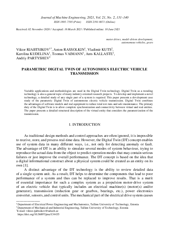 (PDF) Parametric Digital Twin of Autonomous Electric Vehicle Transmission