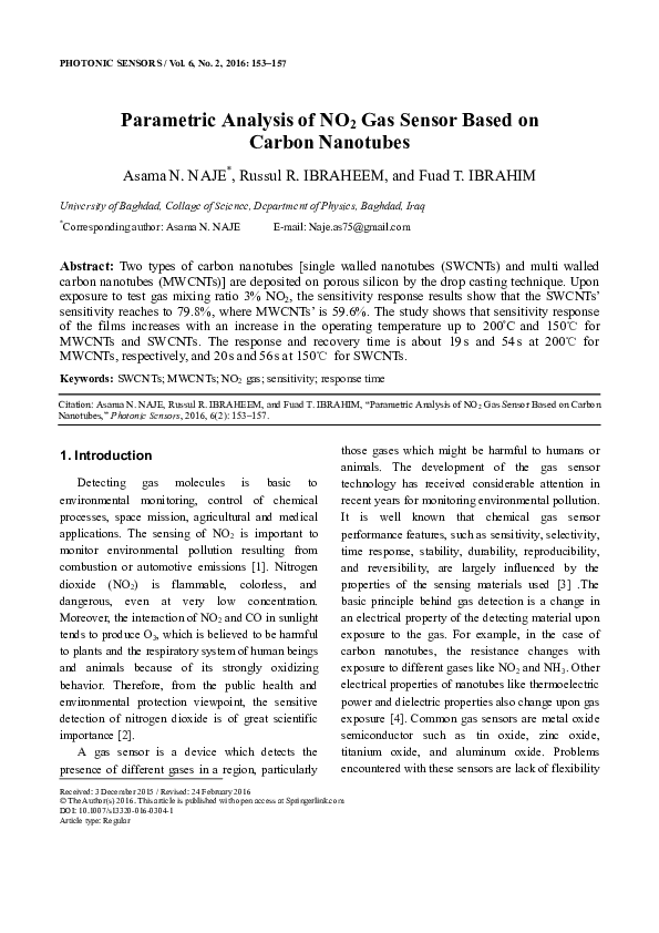 (PDF) Parametric Analysis of NO2 Gas Sensor Based on Carbon Nanotubes