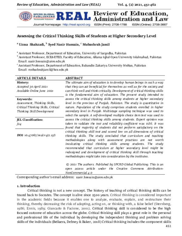 (PDF) Assessing the Critical Thinking Skills of Students at Higher ...