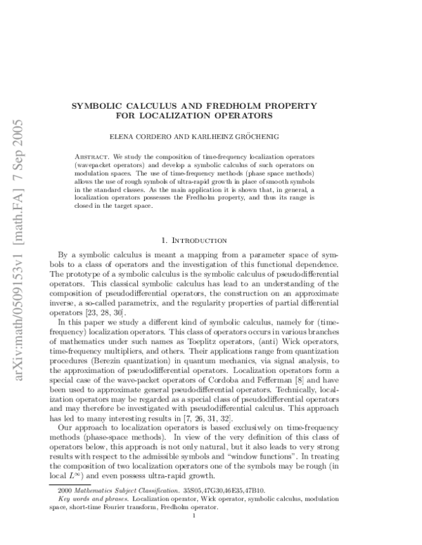 (PDF) Symbolic Calculus and Fredholm Property for Localization Operators