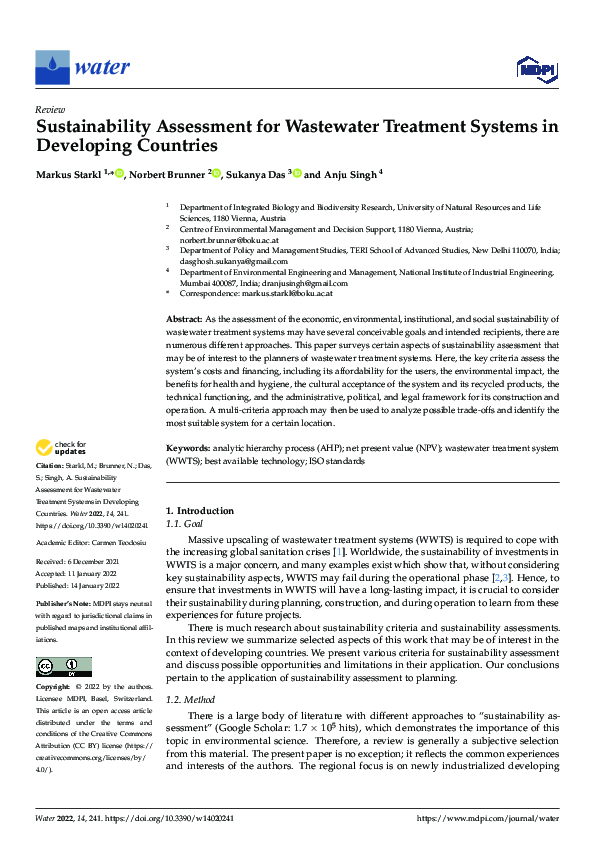 (PDF) Sustainability Assessment for Wastewater Treatment Systems in ...