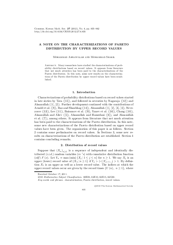(PDF) A Note on the Characterizations of Pareto Distribution by Upper ...