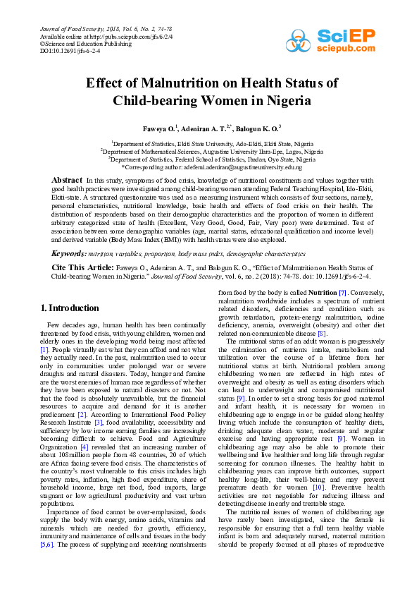 (PDF) Effect of Malnutrition on Health Status of Child-bearing Women in ...