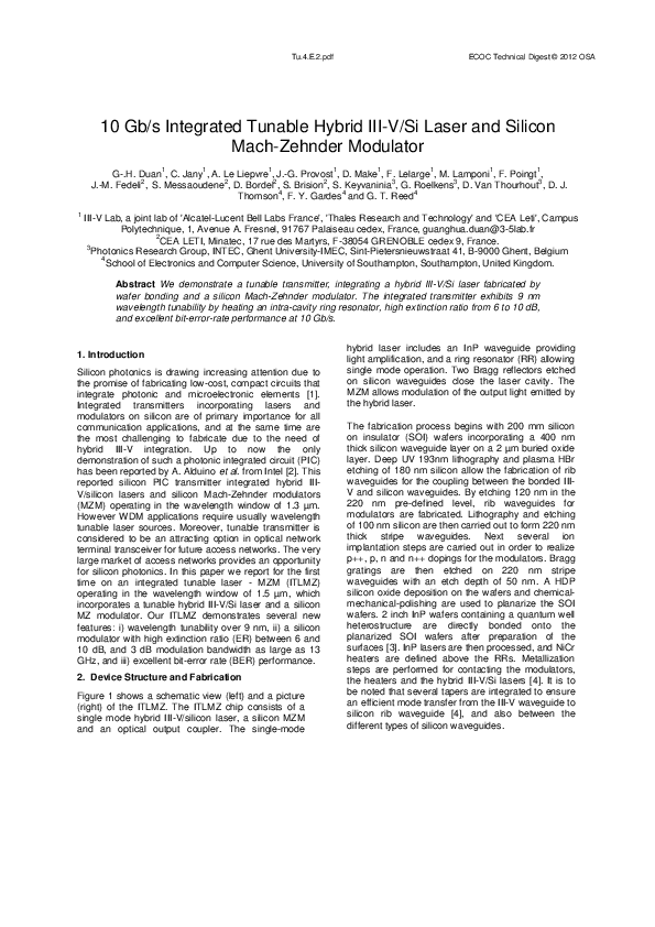 (PDF) 10 Gb/s Integrated Tunable Hybrid III-V/Si Laser and Silicon Mach ...