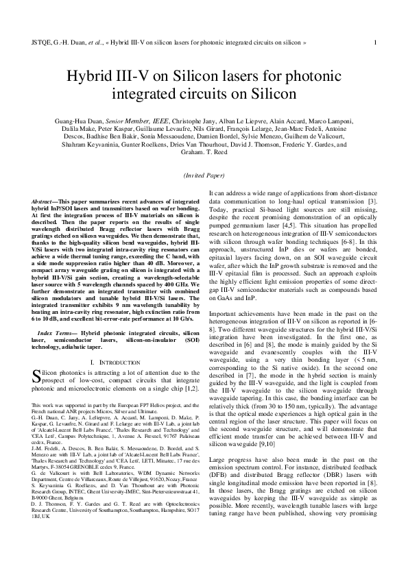 (PDF) Hybrid III--V on Silicon Lasers for Photonic Integrated Circuits ...