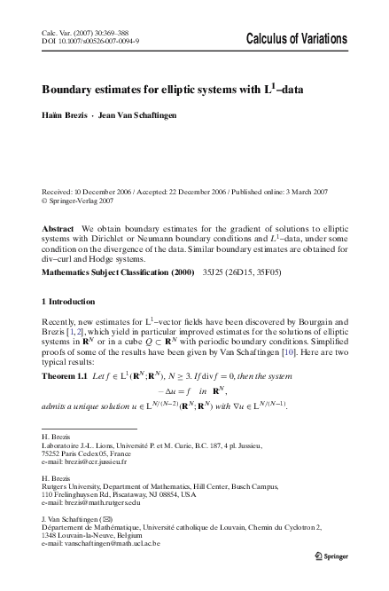 (PDF) Boundary estimates for elliptic systems with L1–data