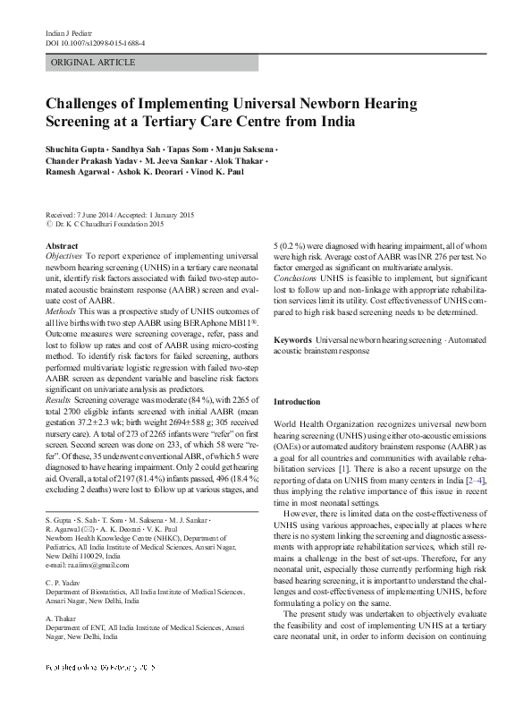 (PDF) Challenges of Implementing Universal Newborn Hearing Screening at ...