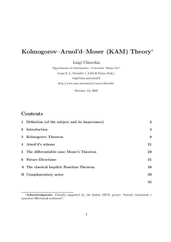 (PDF) Kolmogorov–Arnold–Moser (KAM) Theory