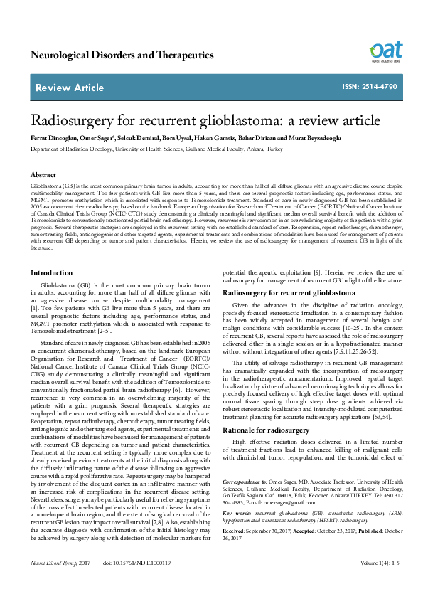 (PDF) Radiosurgery for recurrent glioblastoma a review article Bahar
