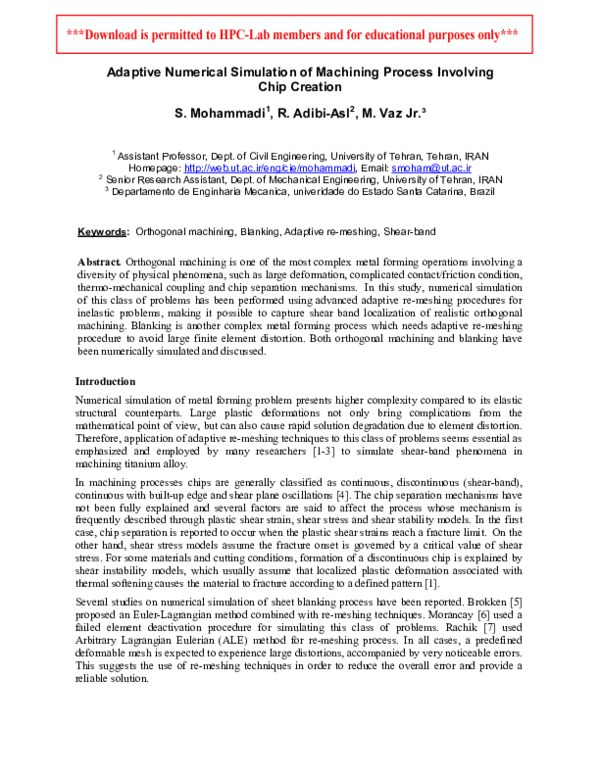 (PDF) Adaptive Numerical Simulation of Machining Process Involving Chip ...