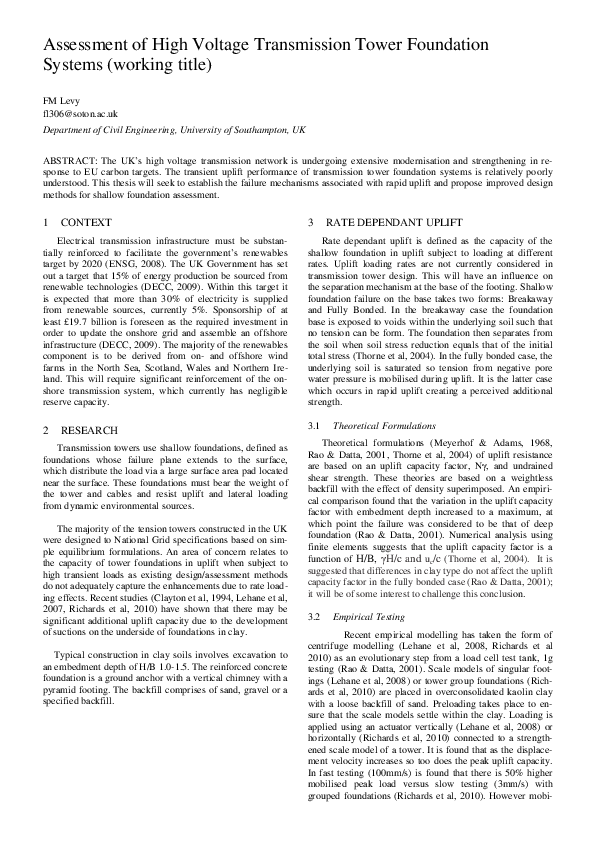 (PDF) Assessment of High Voltage Transmission Tower Foundation Systems