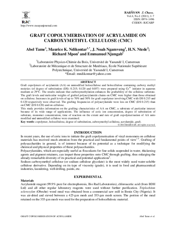 (PDF) Graft Copolymerisation of Acrylamide on Carboxymethyl Cellulose (CMC)