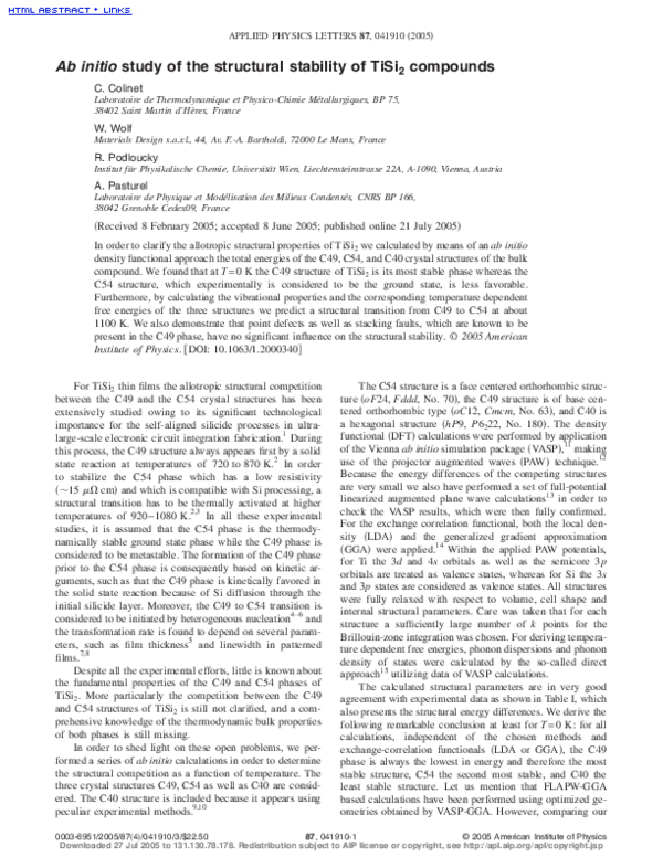 (PDF) Ab initio study of the structural stability of TiSi2 compounds