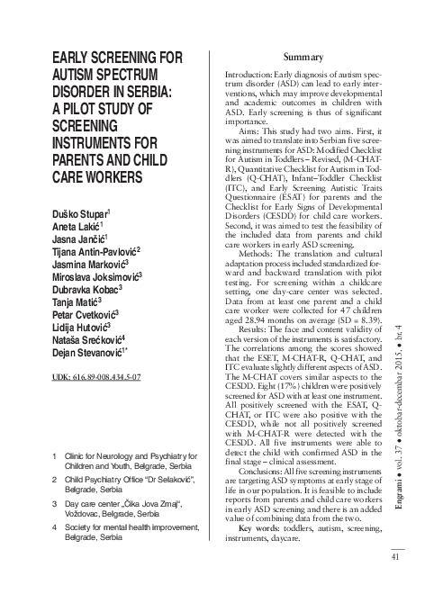 (PDF) Early screening for autism spectrum disorder in Serbia: A pilot ...