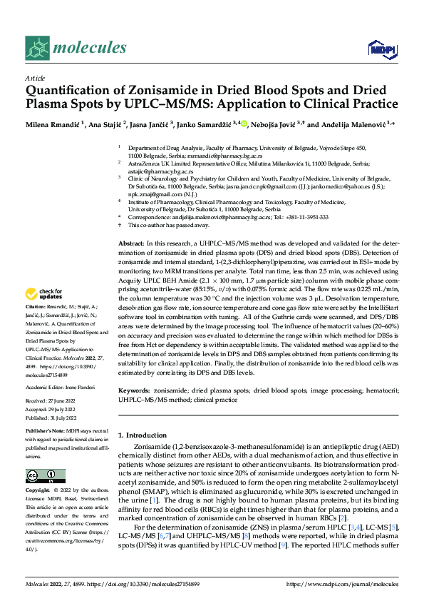 (PDF) Quantification of Zonisamide in Dried Blood Spots and Dried ...