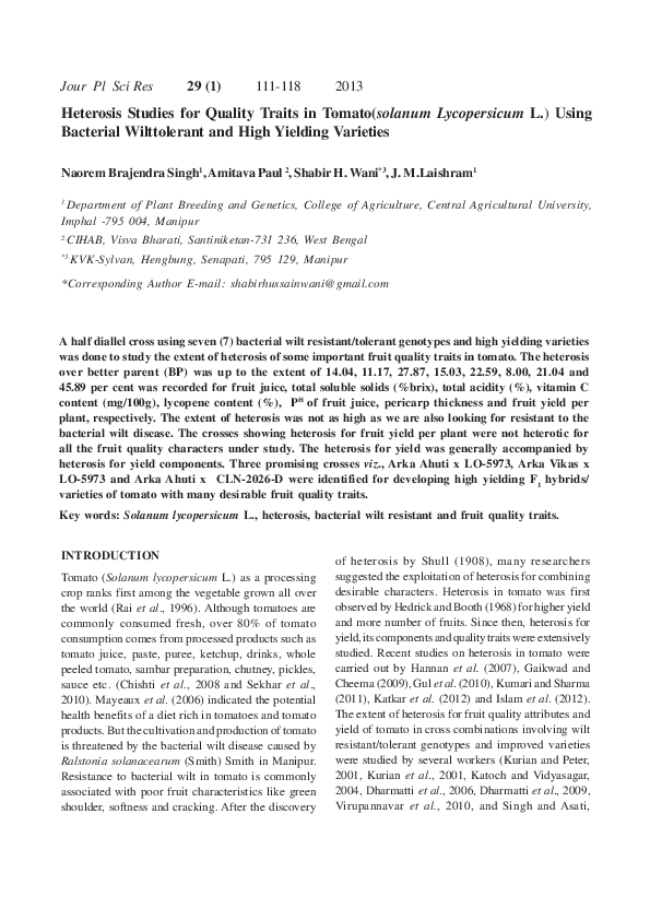 (PDF) Heterosis Studies for Quality Traits in Tomato(solanum ...