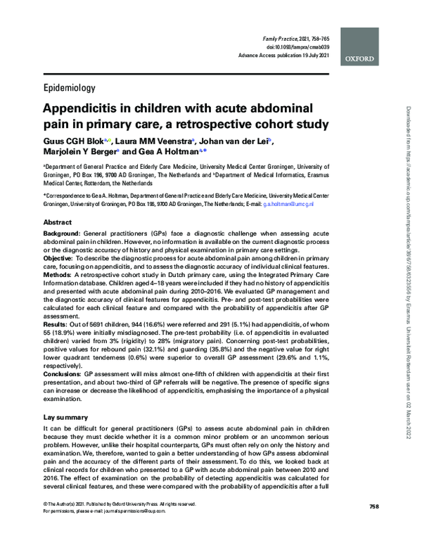 (PDF) Appendicitis in children with acute abdominal pain in primary ...