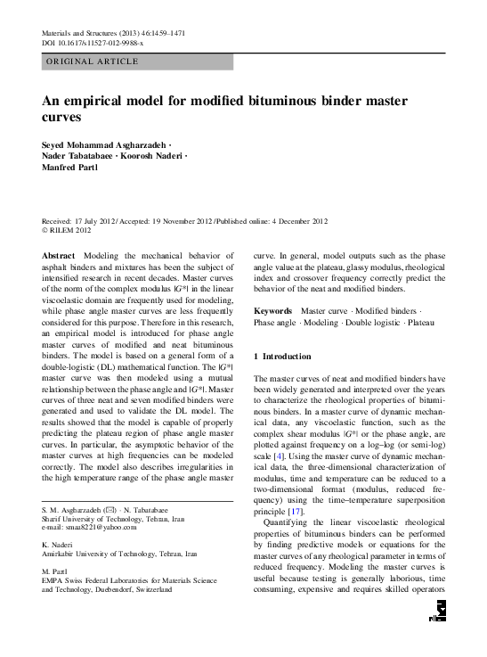 (PDF) An empirical model for modified bituminous binder master curves