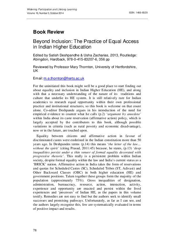 (PDF) Beyond Inclusion: The Practice of Equal Access in Indian Higher ...