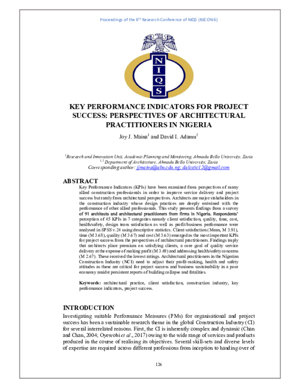 (PDF) KEY PERFORMANCE INDICATORS FOR PROJECT SUCCESS: PERSPECTIVES OF ...