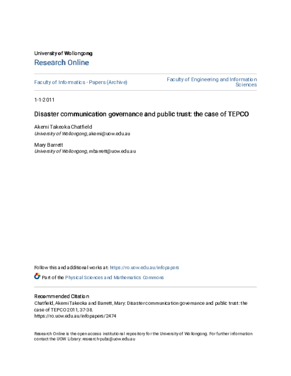 (PDF) Disaster communication governance and public trust: the case of TEPCO