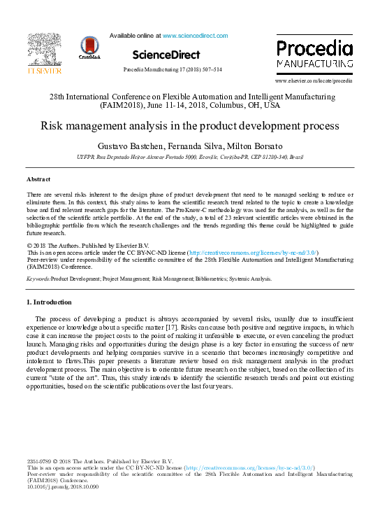 (PDF) Risk management analysis in the product development process