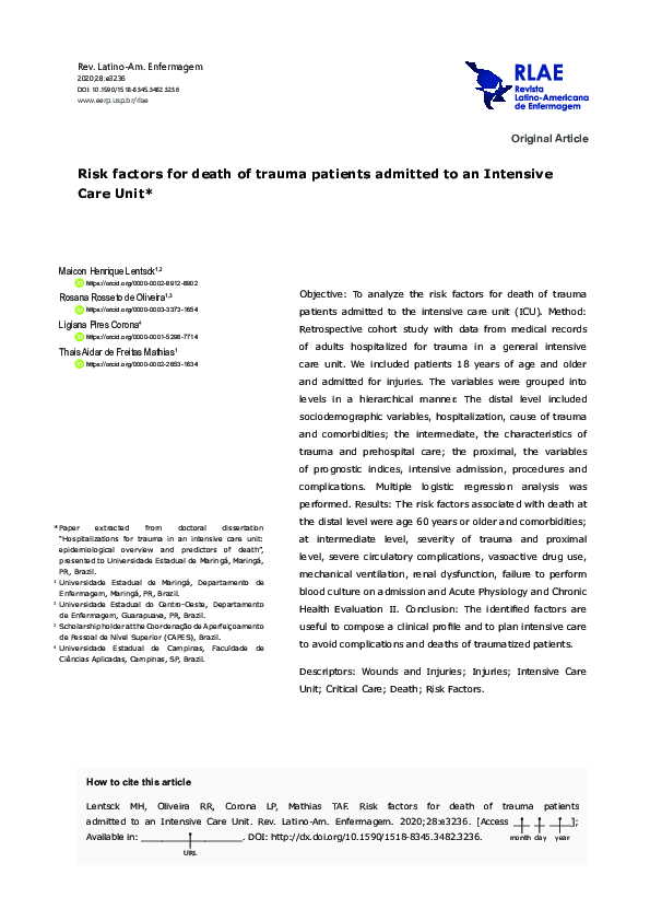 (PDF) Risk factors for death of trauma patients admitted to an ...