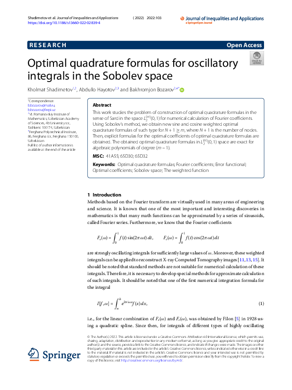 (PDF) Optimal quadrature formulas for oscillatory integrals in the ...
