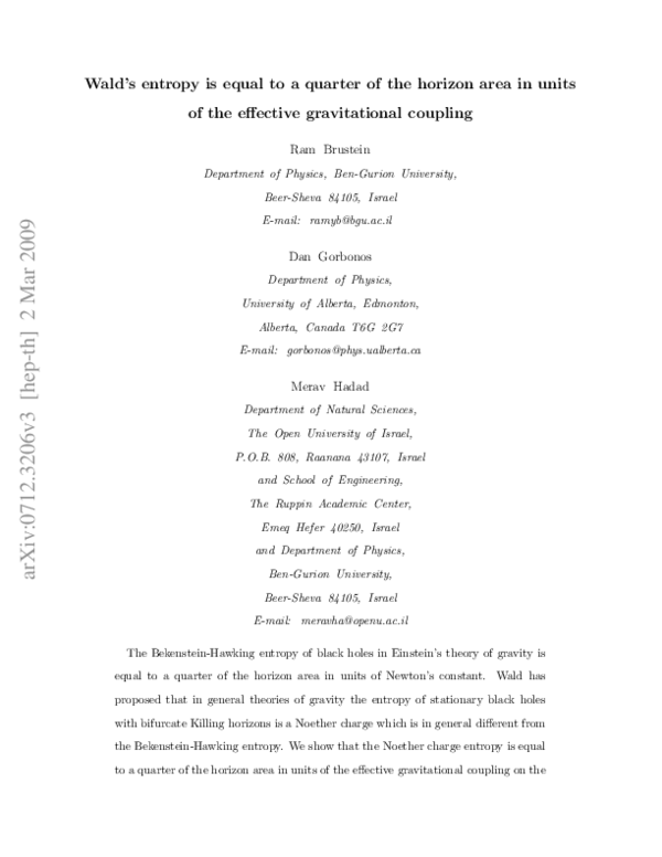 (PDF) Wald’s entropy is equal to a quarter of the horizon area in units ...
