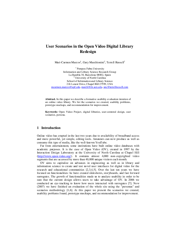 (PDF) User Scenarios in the Open Video Digital Library Redesign