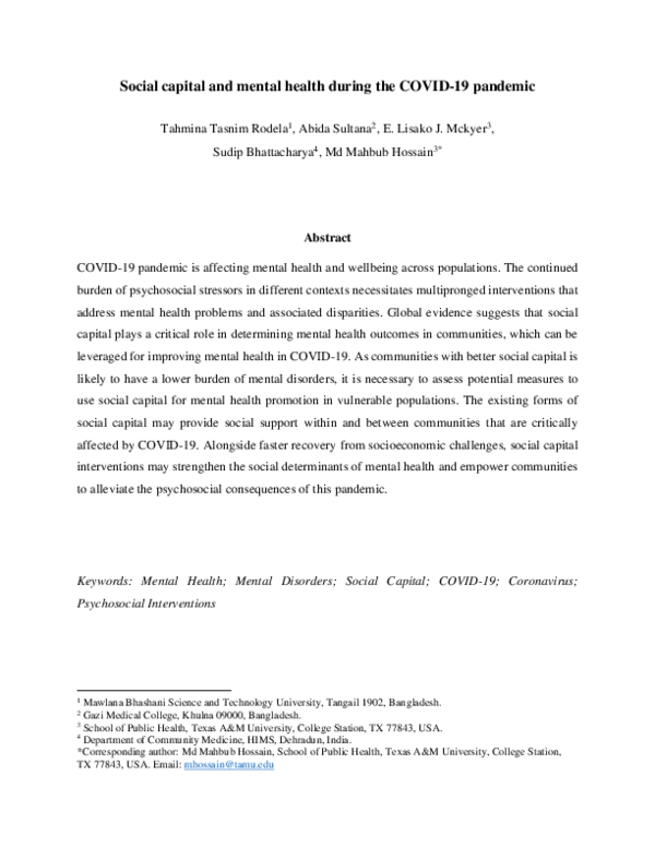 (PDF) Social capital and mental health during the COVID-19 pandemic