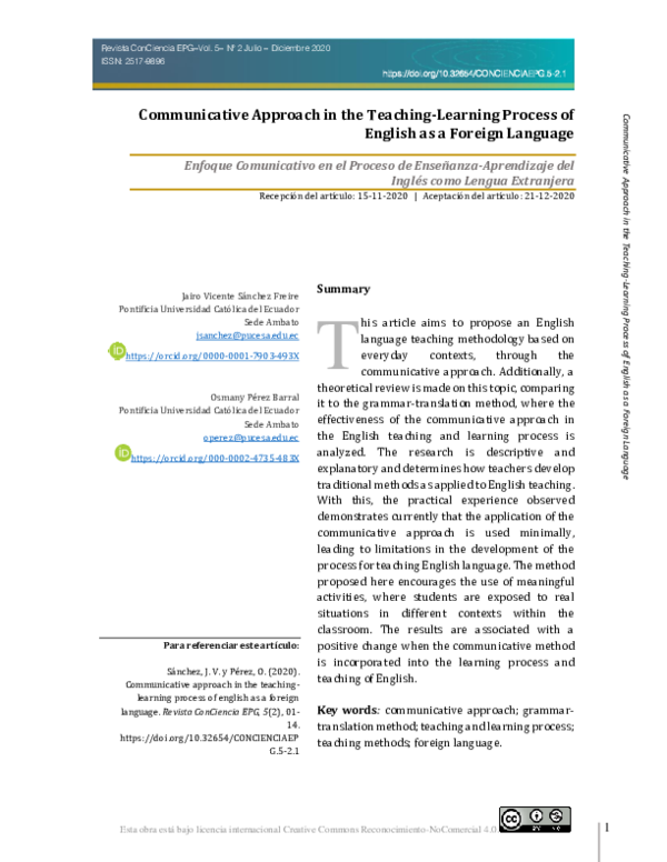 (PDF) Communicative Approach in the Teaching-Learning Process of ...