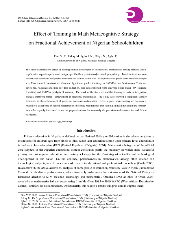 (PDF) Effect of Training in Math Metacognitive Strategy on Fractional ...