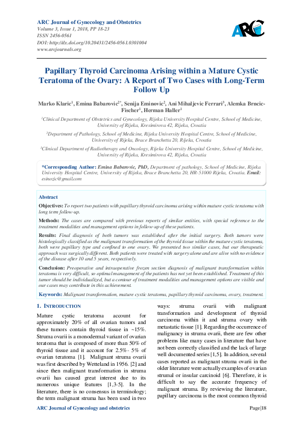 (PDF) Papillary Thyroid Carcinoma Arising within a Mature Cystic ...