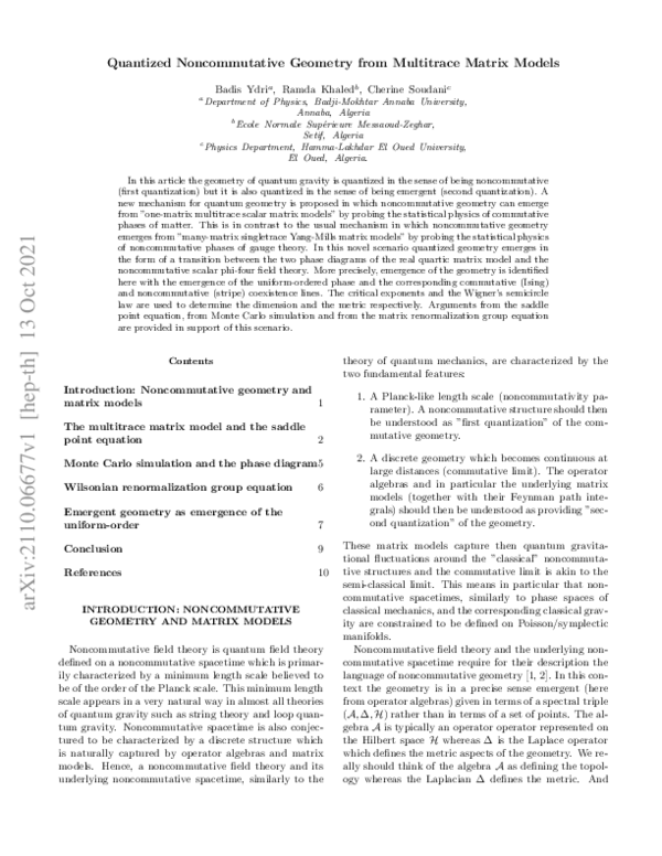 (PDF) Quantized noncommutative geometry from multitrace matrix models