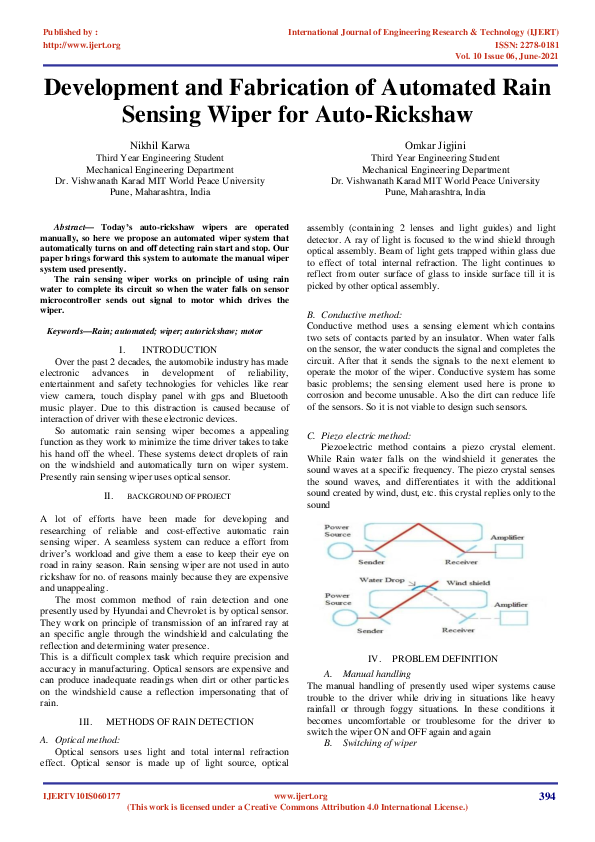 (PDF) Development and Fabrication of Automated Rain Sensing Wiper for AutoRickshaw omkar