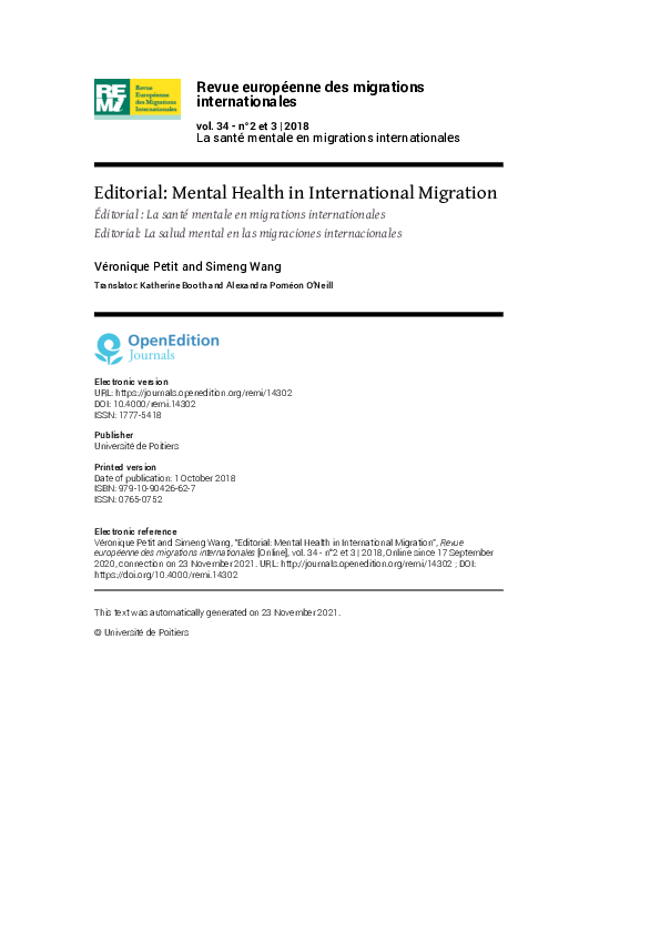 (PDF) Editorial: Mental Health in International Migration