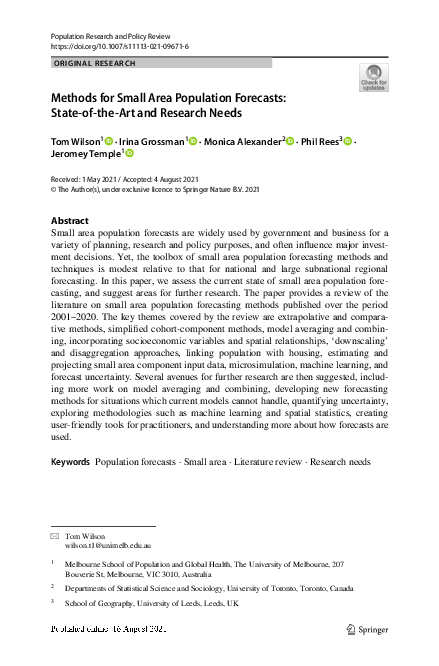 (PDF) Methods for small area population forecasts: state-of-the-art and ...