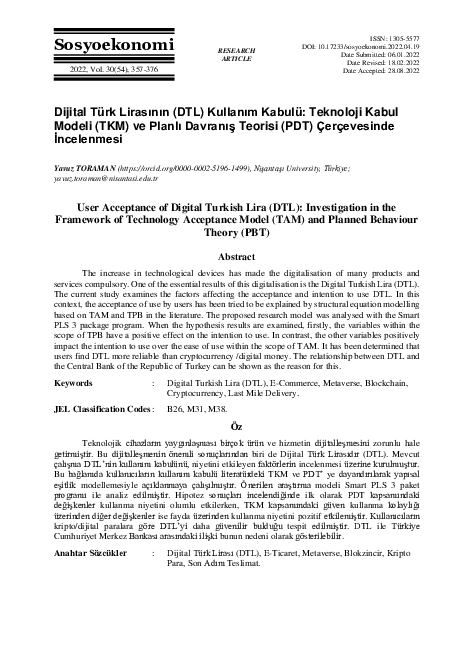 (PDF) User Acceptance of Digital Turkish Lira (DTL): Investigation in ...