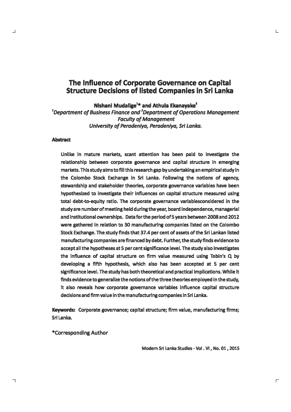 (PDF) The Influence of Corporate Governance on Capital Structure ...