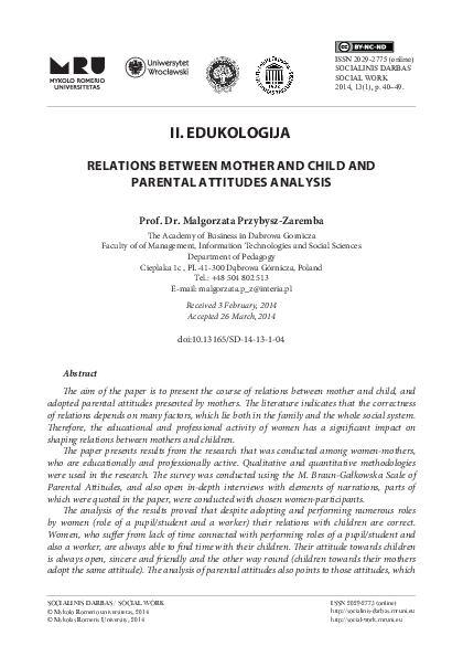 (PDF) Relations between Mother and Child and Parental Attitudes Analysis