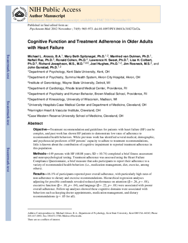 (PDF) Cognitive Function and Treatment Adherence in Older Adults With ...