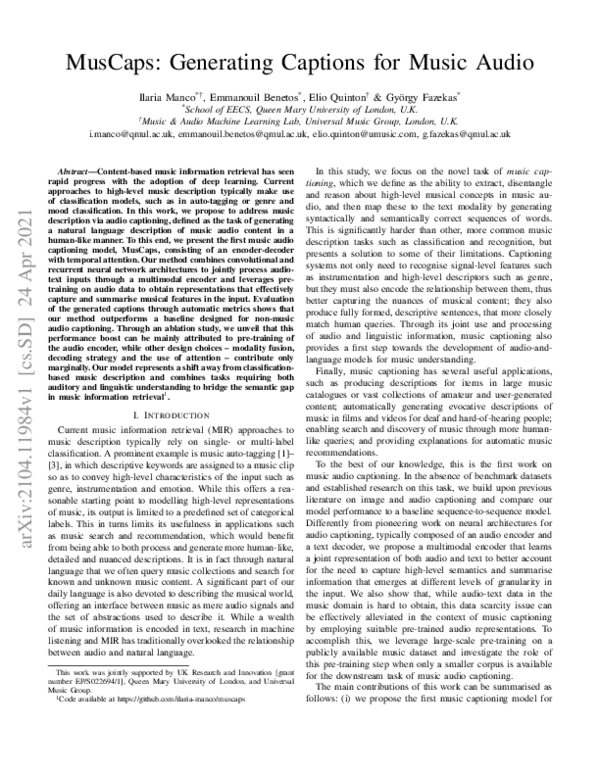 (PDF) MusCaps: Generating Captions for Music Audio
