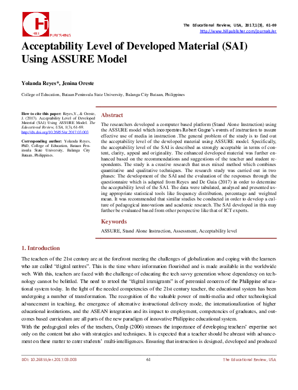 (PDF) Acceptability Level of Developed Material (SAI) Using ASSURE Model