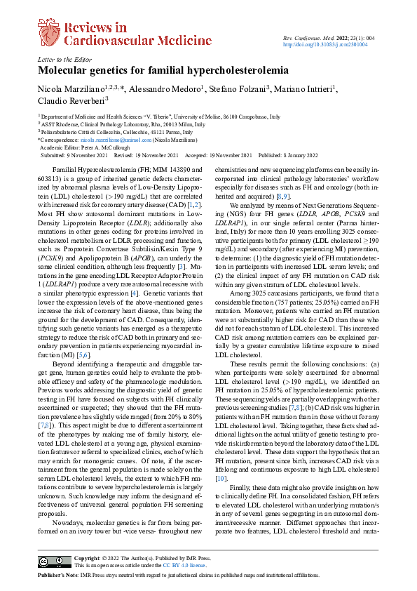(PDF) Molecular genetics for familial hypercholesterolemia