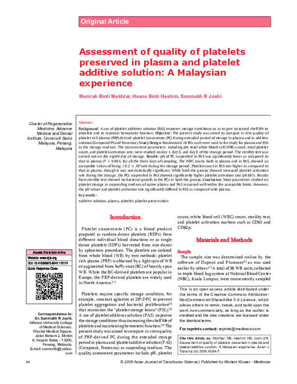 (PDF) Platelet Quality in Plasma vs. Additive Solution