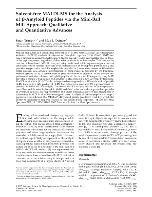 (PDF) Solvent-free MALDI-MS for the analysis of β-amyloid peptides via ...