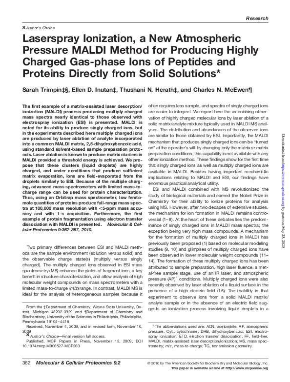 (PDF) Laserspray Ionization, a New Atmospheric Pressure MALDI Method ...