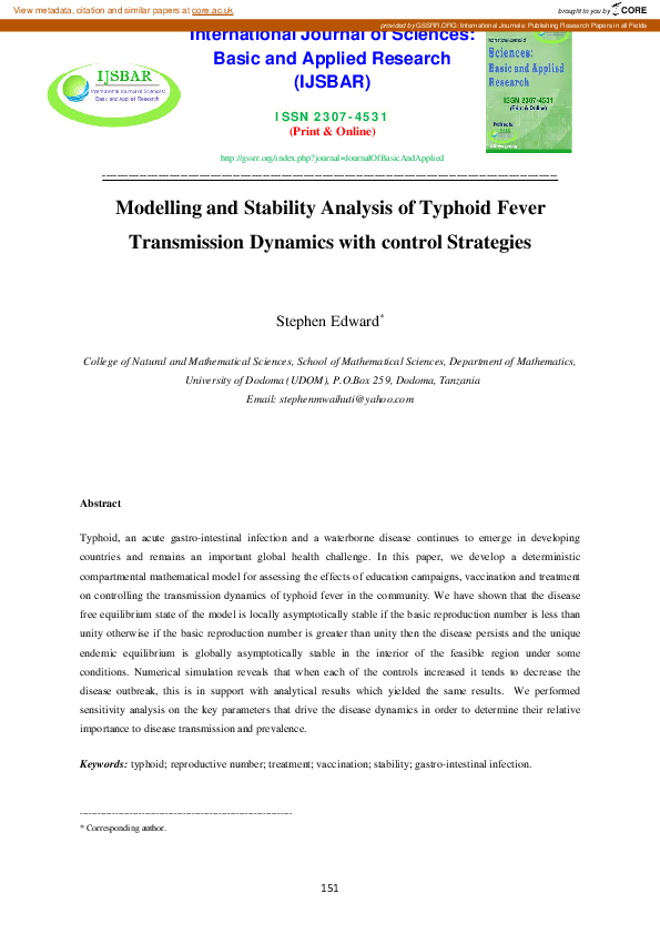 (PDF) Modelling and Stability Analysis of Typhoid Fever Transmission ...