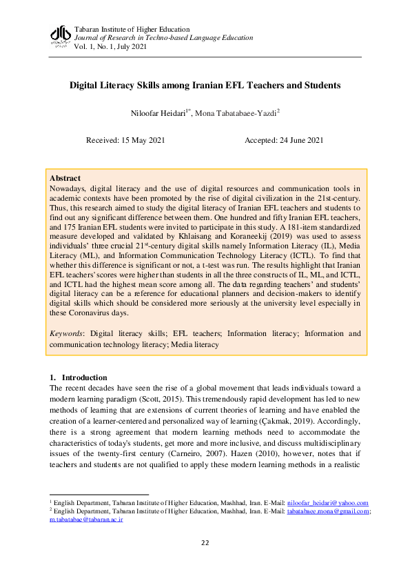 (PDF) Digital Literacy Skills among Iranian EFL Teachers and Students